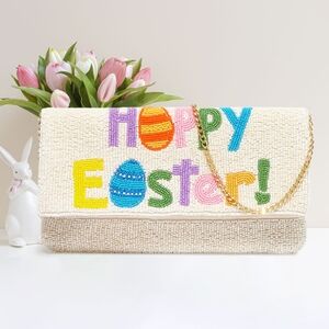HAPPY EASTER Seed Beaded Colorful Stripe Eggs Clutch Purse CrossBody Bag